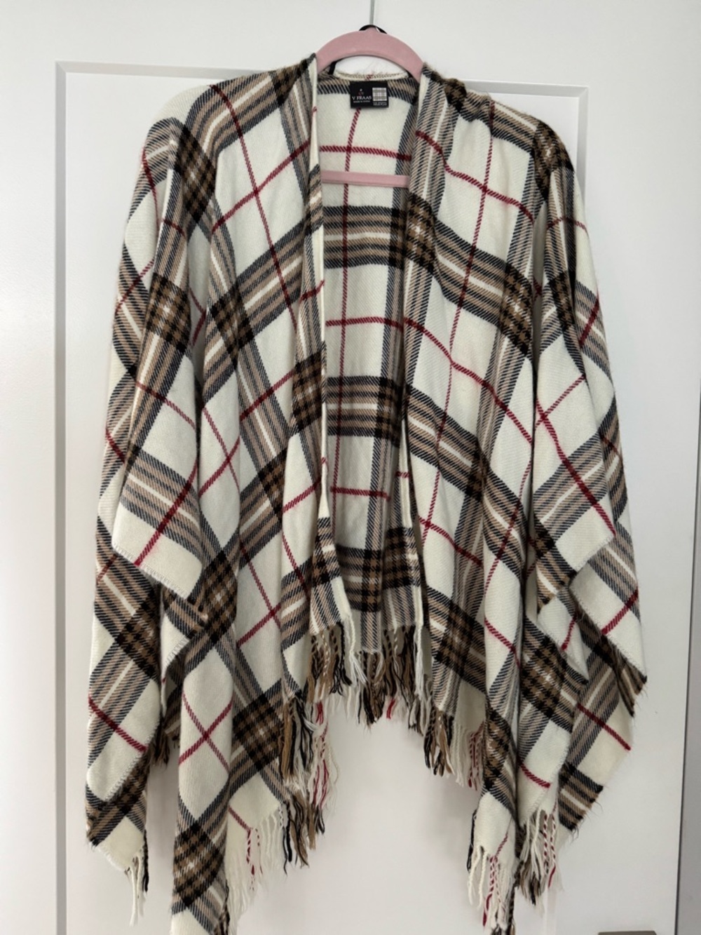 White Plaid Fringe Poncho